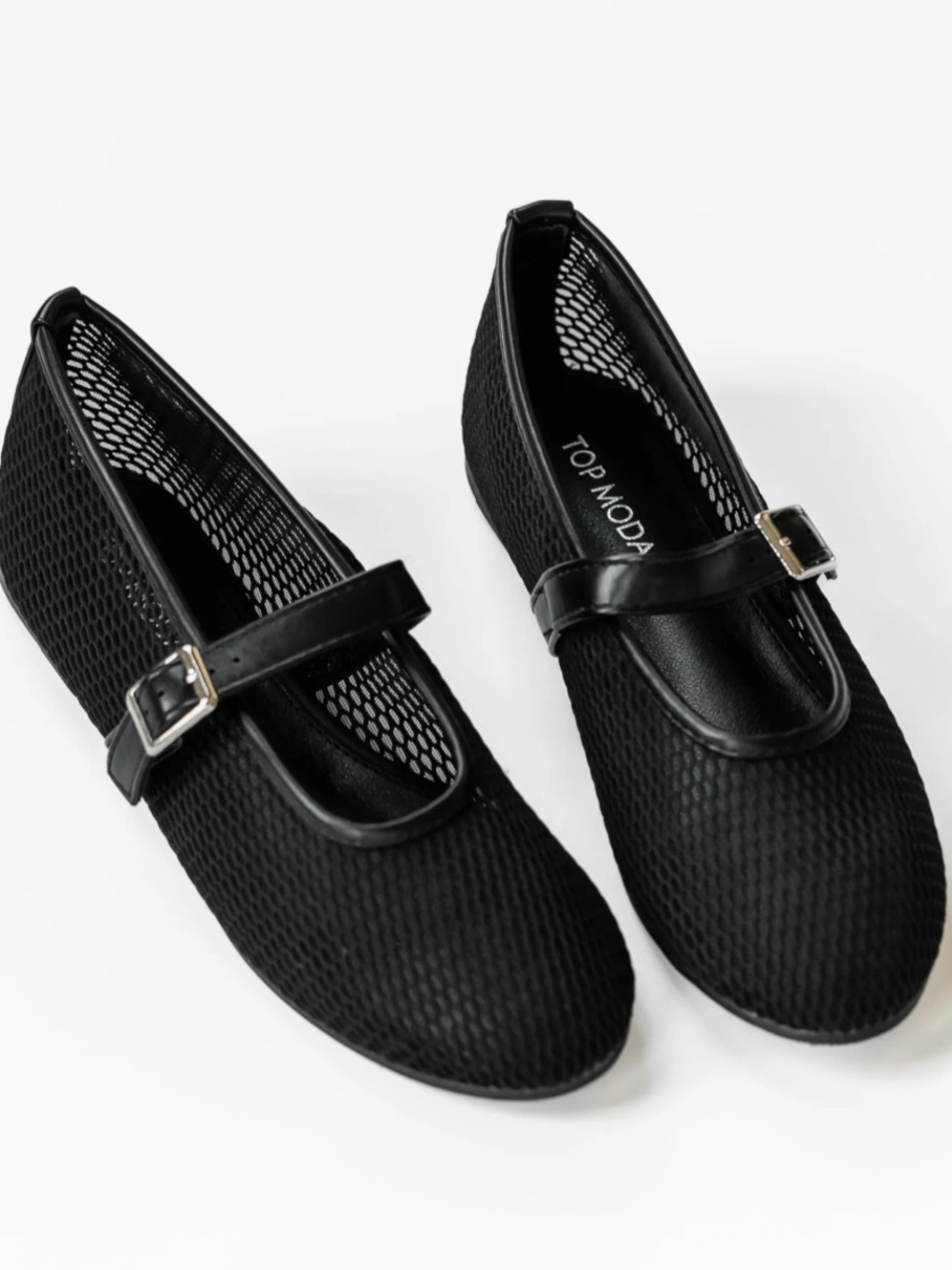 NWT Top Moda black mesh ballet flats Mary Jane buckle round toe
